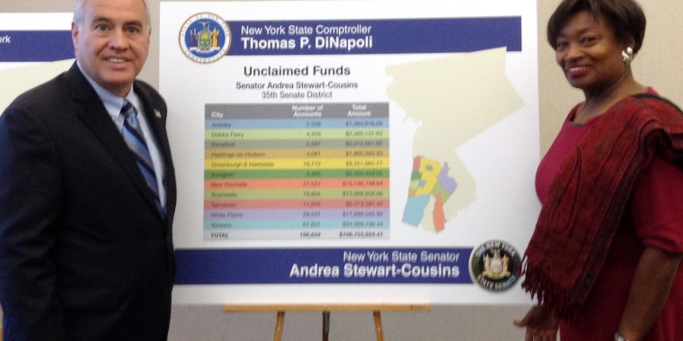 Senator Stewart-Cousins with Comptroller DiNapoli announcing unclaimed funds in the 35th District