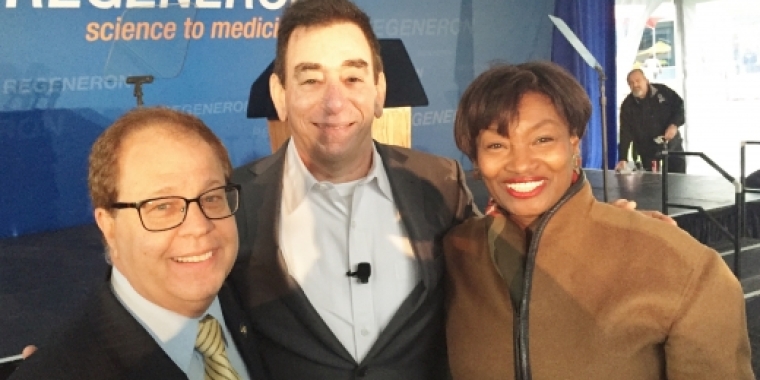 Senator Stewart-Cousins and Assemblyman Tom Abinanti (left) congratulate Regeneron Founder/CEO/President Dr. Len Schleifer on the biopharmaceutical company's expansion at its headquarters in Tarrytown Regeneron Expansion