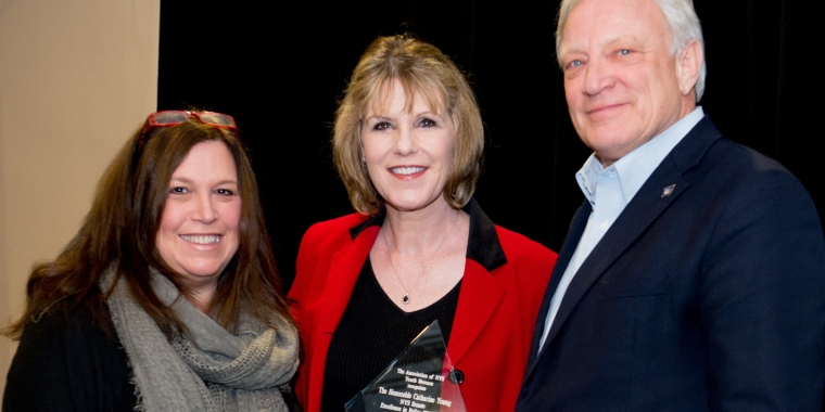 Association of New York State Youth Bureaus Executive Director Jackie Negri and ANYSYB Board President Anthony Evans present Senator Young with the organization’s inaugural “Leadership in Public Policy” award.