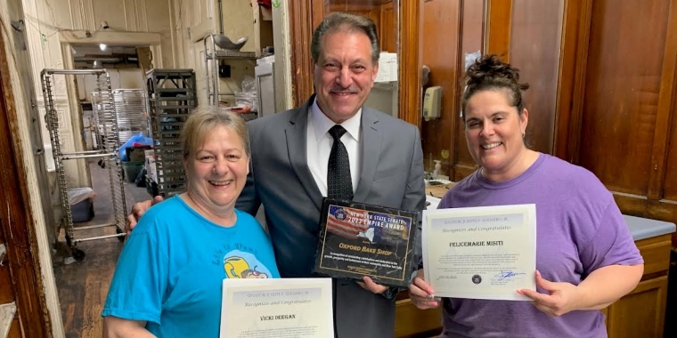 Senator Addabbo honors Vicki Deegan and Felicemarie Misiti, the current proprietors of Oxford Bake Shop.