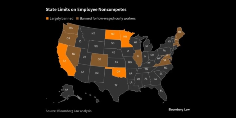 A map of the United States highlighting the states that have instituted bans on non-compete agreements. (Source: Bloomberg Law)