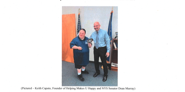 NYS Senator Dean Murray presents Keith Caputo, Founder of Helping Makes U Happy with the New York State Commendation Award, which recognizes exceptional people who have made a lasting contribution to their community.