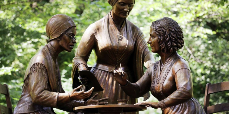 A new statue of women's rights pioneers Sojourner Truth, Susan B Anthony, and Elizabeth Cady Stanton is unveiled at Central Park on the 100th anniversary of the 19th amendment on August 26, 2020 in New York City. 