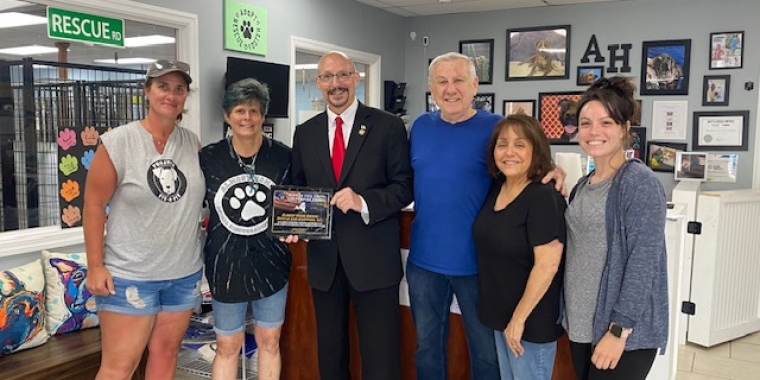 (East Patchogue, NY) – A Patchogue animal rescue organization has been recognized by NY State Senator Dean Murray (R,C), for their excellent work with pet rescues and adoptions. Senator Murray presented the New York State Senate Empire Award to Linda Klampfl, the founder of "Almost Home Rescue & Adoption, Inc.," who was joined by members of her staff and several volunteers.