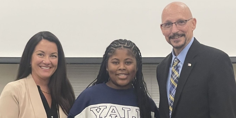 Ms. Milan Brown from the Center Moriches Middle School receives NYS Commendation Award from NYS Senator Dean Murray for her Middle Years Program Service Project.  Her project was to raise funds to assist paying off the elementary school lunch debt that had accumulated over the course of the year.  Pictured with Ms. Brown is her Principal Dr. Melissa Reggio and NYS Senator Dean Murray.