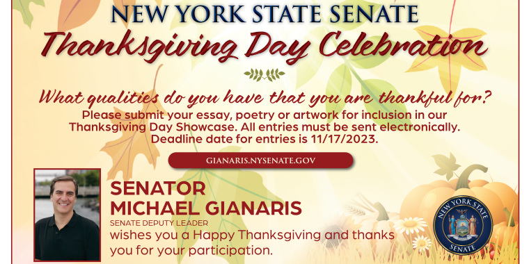 Poster for Senator Gianaris' Thanksgiving Creative Celebration, entries due on November 17, 2023