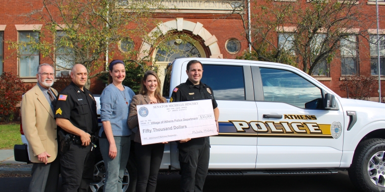 Pictured: Senator Michelle Hinchey at the Athens Community Center alongside Athens Village Mayor Amy Serrago, Athens Police Sergeant Edward J Tercasio, Jr., Sergeant Jeffrey Russo, and Greene County Legislator Ed Bloomer (District 3).