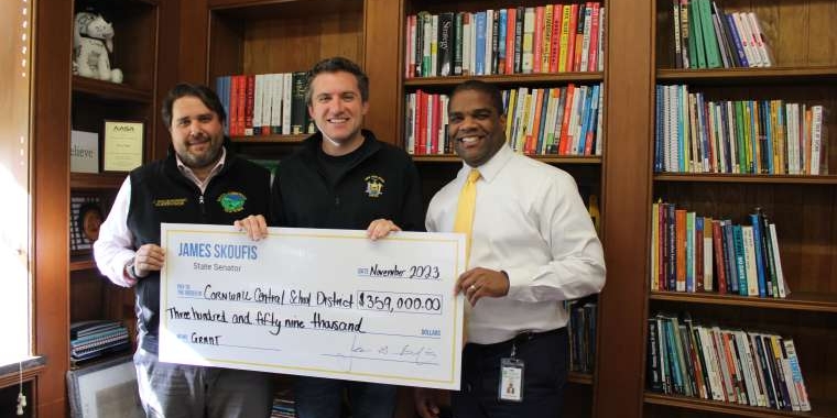 Town of Cornwall Supervisor Josh Wojehowski (Left), Senator James Skoufis (Center), Cornwall CSD Superintendent Terry Dade (Right) pose for photo.