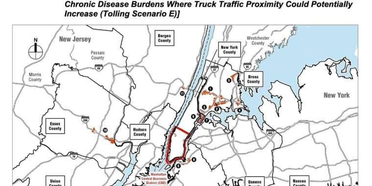 Environmental Just Census tracts with high pre-existing pollutant and chronic disease burdens where truck traffic proximity could potentially increase