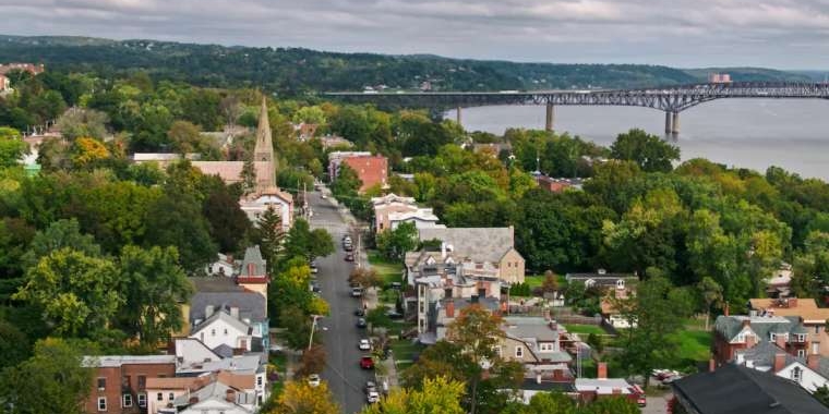 Aerial shot of Newburgh, a small city in the Hudson River Valley in Orange County, New York on a cloudy autumn afternoon. (Getty Images)