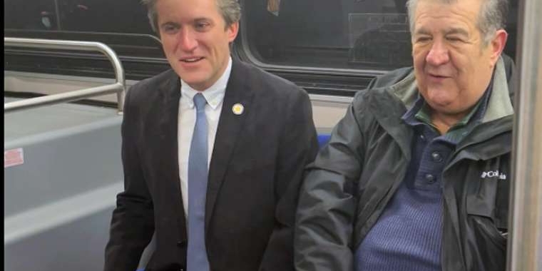 Senator Skoufis and Middletown Mayor Destefano riding on a Middletown bus