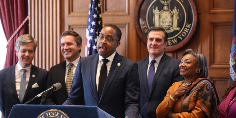 Senator Myrie speaking on the election bills passing, Albany, January 8, 2024