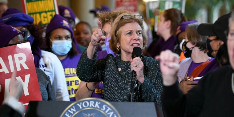 Sen. Shelley Mayer is pictured speaking at a rally in February.