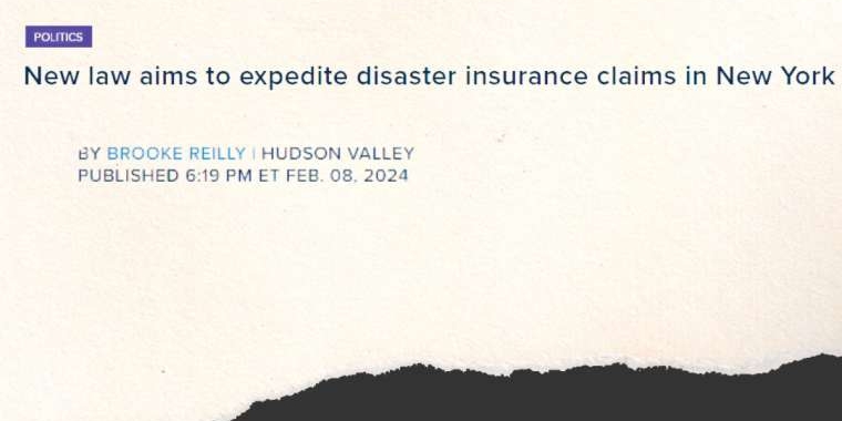 News headline reading: New law aims to expedite disaster insurance claims in New York