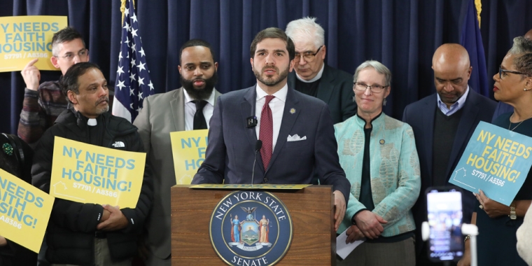 Senator Gounardes standing with faith leaders and advocates in support of the Faith-Based Affordable Housing Act