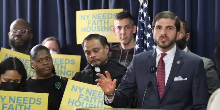 Senator Andrew Gounardes joins faith leaders to push for affordable housing.