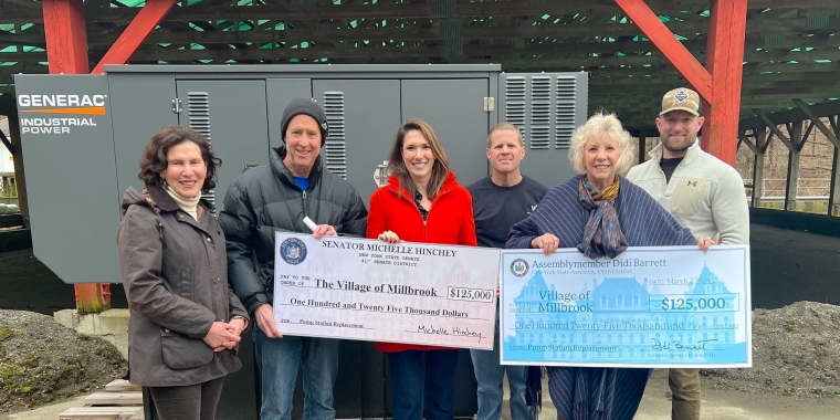 Pictured: Senator Michelle Hinchey and Assemblymember Didi Barrett at the Millbrook Village Water Department alongside Millbrook Village Mayor Tim Collopy, VRI Environmental Services Area Manager Scott Osborn, Millbrook Village Trustees Vicky Contino, and Patrick Murphy. 