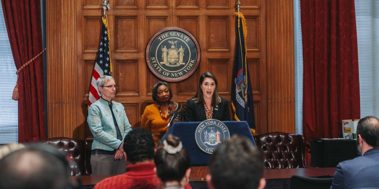 Senator Hinchey speaks at the State Capitol on Tuesday, March 5, 2024, announcing a legislative package to support New York agriculture alongside Senate Majority Leader Andrea Stewart Cousins and Senator Rachel May.