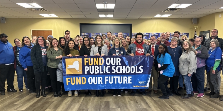 Senator Michelle Hinchey and Assemblymember Sarahana Shrestha alongside NYSUT Presidents and Board Members, local teachers, parents, and Superintendents from Columbia, Dutchess, Greene and Ulster counties.