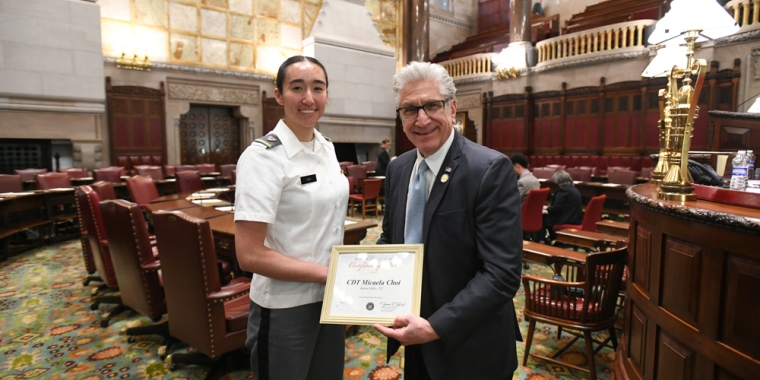 Senator Tedisco presenting a NYS Senate citation to West Point Cadet Micaela Choi