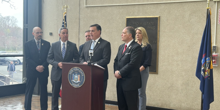 Long Island Republican Senators Senator Alexis Weik (SD8), Senator Dean Murray (SD3), Senator Jack Martins (SD7) , Senator Steve Rhoads (SD5), Senator Mario Mattera (SD2) , at the podium Senator Anthony Palumbo (SD1 Budget Press Conference