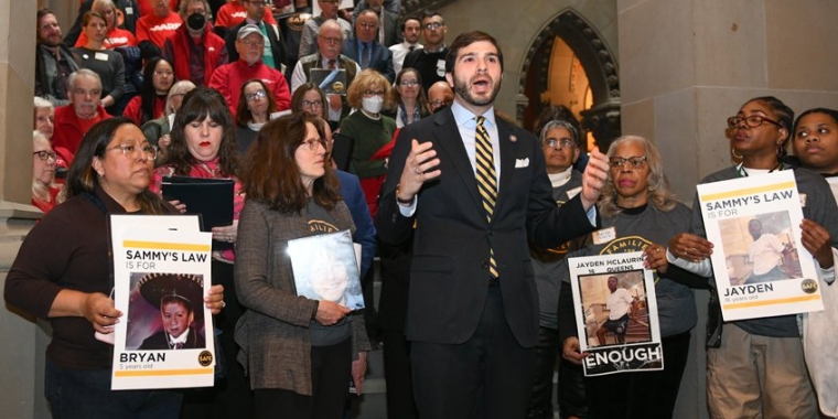 State Senator Andrew Gounardes speaks at a rally in Albany in support of Sammy's Law.