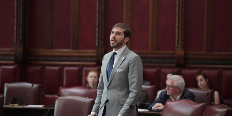 State Senator Andrew Gounardes speaking on the Senate floor.