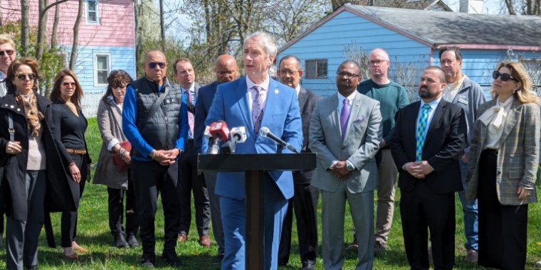 Senator Ryan speaking about housing at a press conference