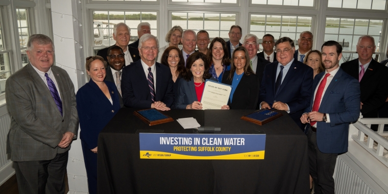 New York Governor Kathy Hochul signs the Suffolk County Water Restoration Act that was sponsored by Senator Monica R. Martinez in room of bill sponsors on May 23, 2024.