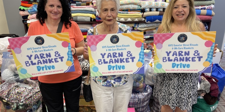 New York State Senator Steve Rhoads & We Care Blankets Collect 407,277 Yards of Yarn & 225 Blankets for Kids with Cancer