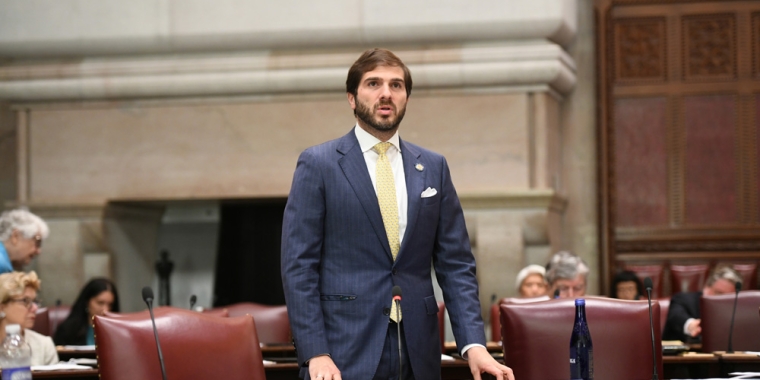 State Senator Andrew Gounardes speaking on the Senate floor.