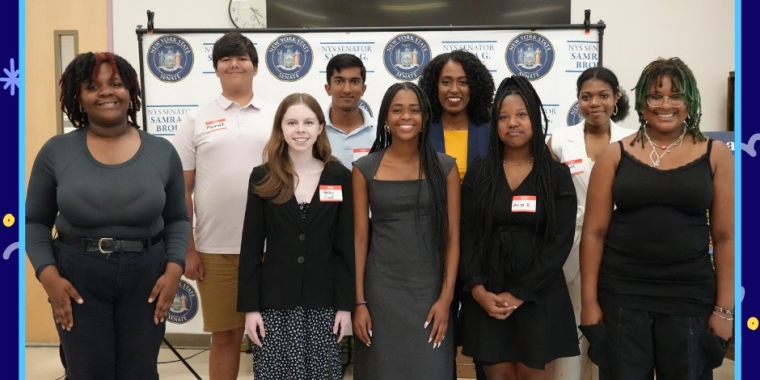 7 students who are a part of Senator Samra Brouk's Inauguaral Youth Mental Health Advisory Board Cohort standing with senator brouk 
