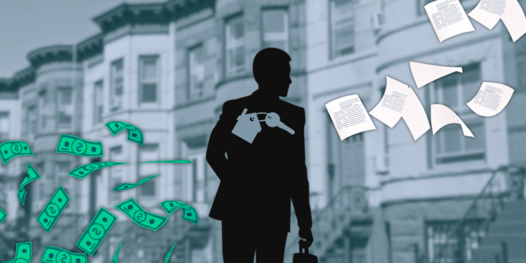 businessman next to houses