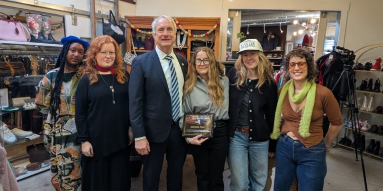 Senator Sean Ryan visits Second Chic on Elmwood Avenue to present owner Annie Adams with a New York State Senate Empire Award, Feb. 18, 2025.