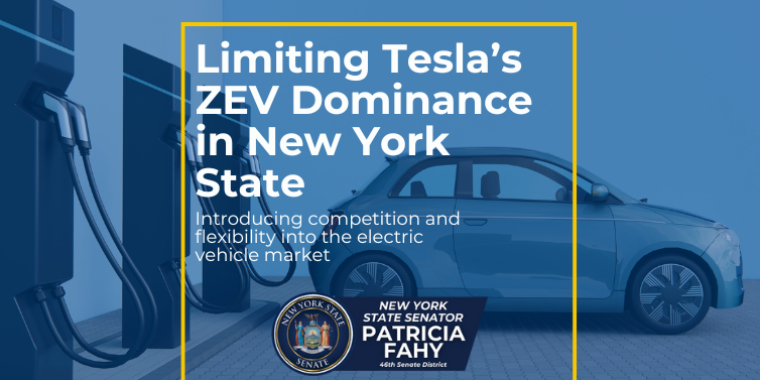 Electric vehicle overlayed with text "Limiting Tesla's ZEV Dominance"