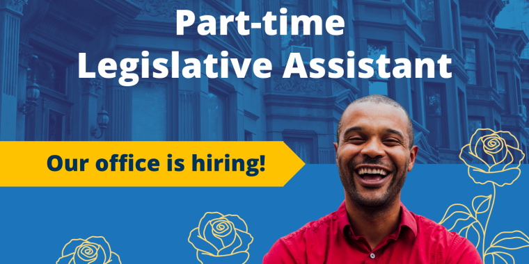 Jabari Brisport with the text "part time legislative assistant" and "our office is hiring"