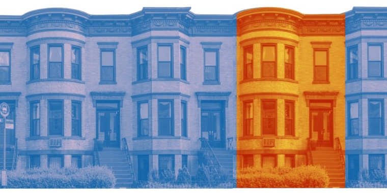 Rowhouses tinted blue, with one of them highlighted in orange