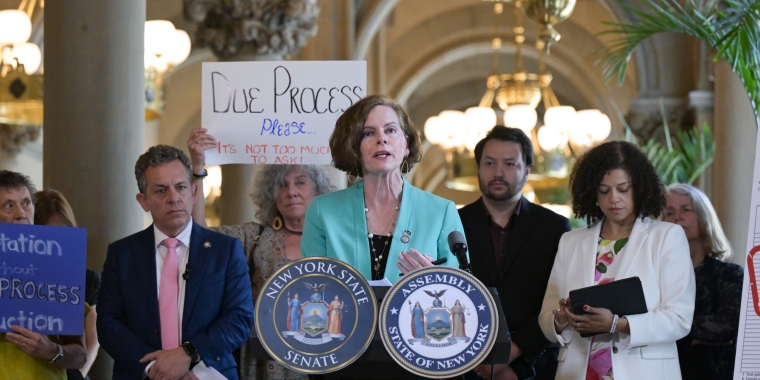 Senator Patricia Fahy is flanked by Assemblymembers Solages and Simone at a press conference in the New York State Capitol.
