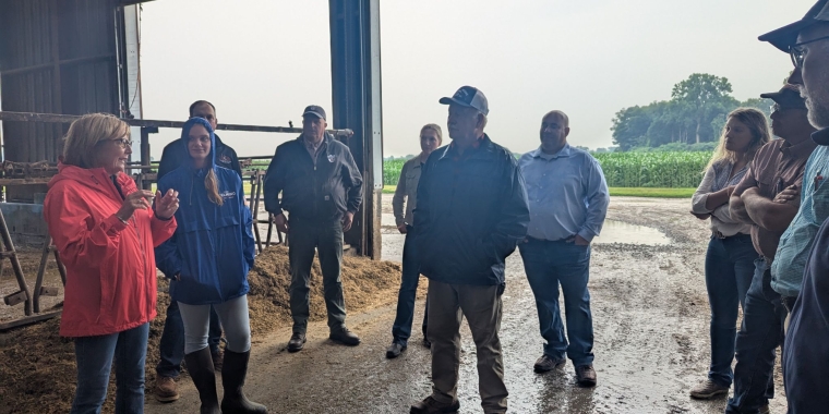 Senator Helming addresses members of Northeast Dairy Producers Association, the New York Farm Bureau and team members from the offices of Senator George Borrello and Assemblywoman Andrea Bailey at Noblehurst Farms Inc.