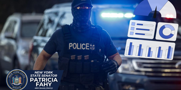 Masked ICE/police officer with dashboard graphic overlayed