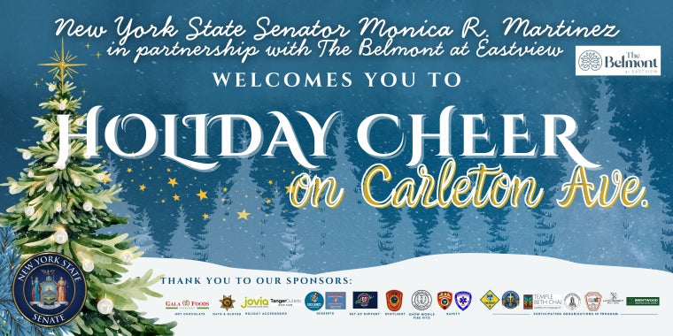 Graphic of Holiday Cheer on Carleton Avenue banner listing name of event and sponsors.