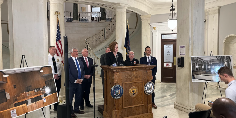 Senator Fahy, and Capital Region Assemblymembers host a press conference in front of the Schenectady City Hall rotunda
