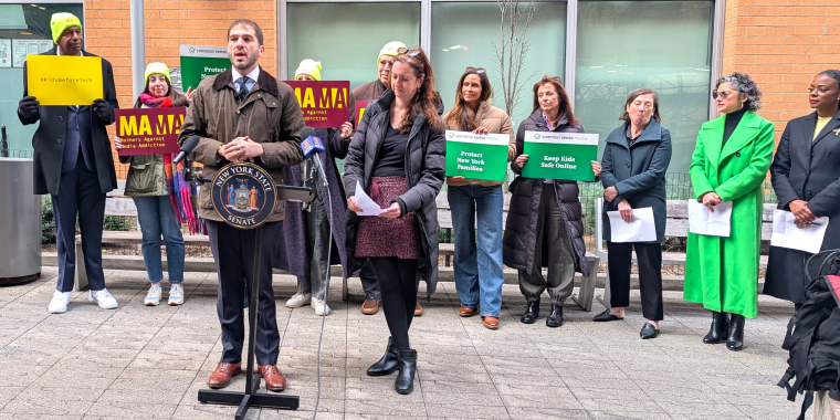 Sen. Gounardes speaks at a rally in support of his Stop Online Predators Act.