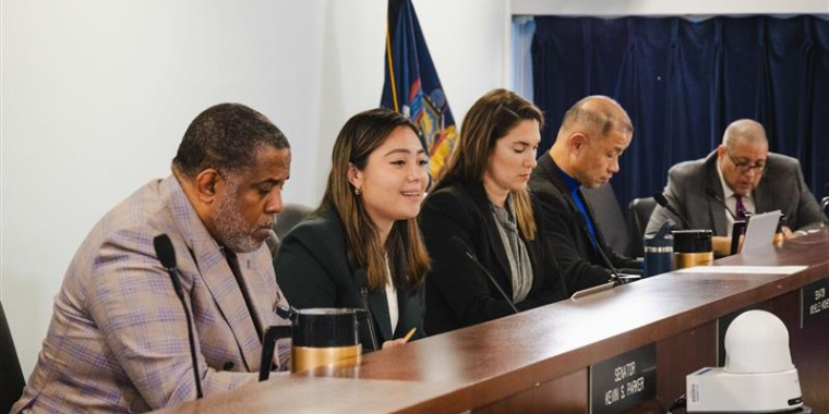 New York State Senators: Kristen Gonzalez, Michelle Hinchey, Kevin Parker, John Liu, and Gustavo Rivera presiding over a Legislative Hearing on AI | Photo by Alexandra Chan