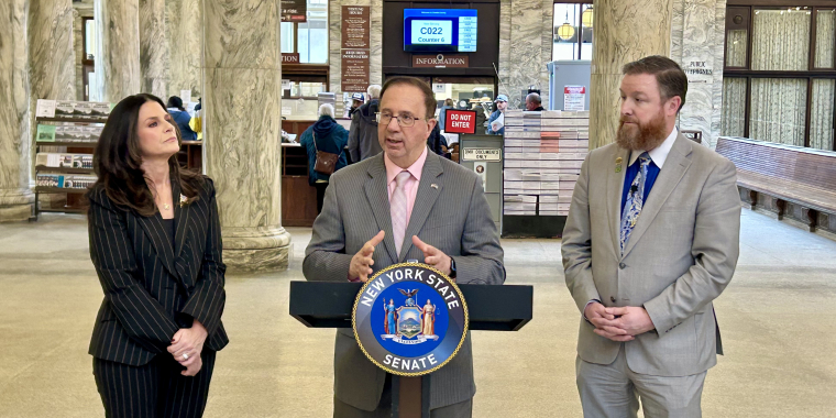 Sen. Griffo, Oneida County Clerk Mary Finegan and Madison County Clerk Mike Keville speak at a news conference