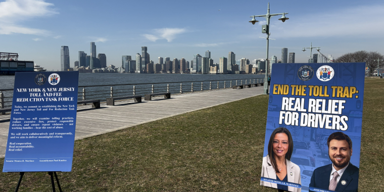 Photo Image of posters used to advertise the "End the Toll Trap" press conference.  The sign features images of Sen. Martinez and Assemblyman Kanitra.
