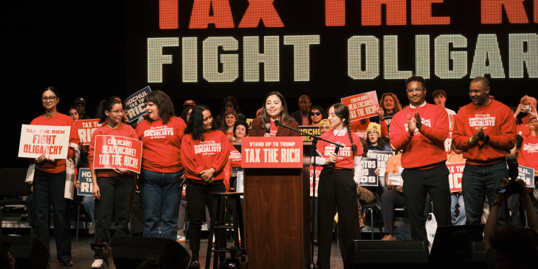 Senator Kristen Gonzalez and Assembly member Diana Moreno speaking at Senator Bernie Sander’s Tax the Rich Rally in the Bronx.