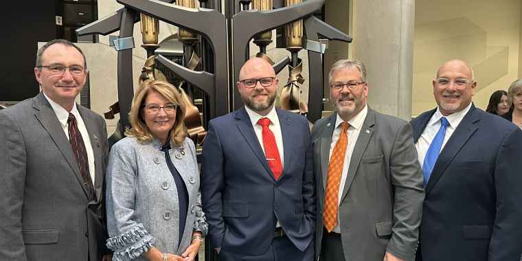 Pictured L-R Churchville Mayor John Hartman, Senator Helming, Scottsville Mayor Andrew Peck, Honeoye Falls Mayor  Rick Milne, East Rochester Mayor John Alfieri
