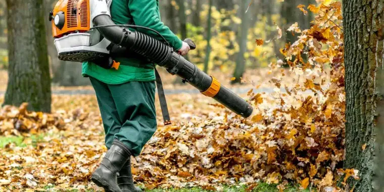 A gas-powered leaf blower blowing leaves