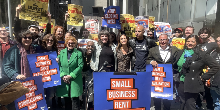 Lawmakers and supporters gather for Jimmy's Corner and Small Business Rent Stabilization